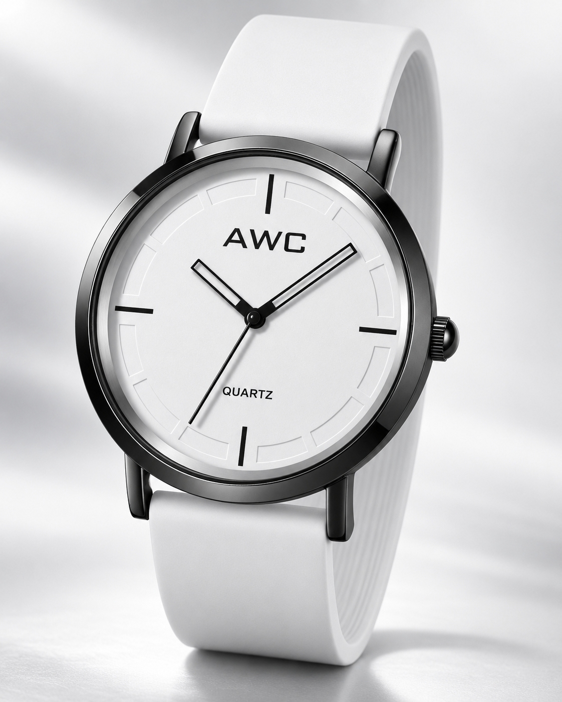AWC Minimalist Quartz white dial watch, floating three-quarter studio hero