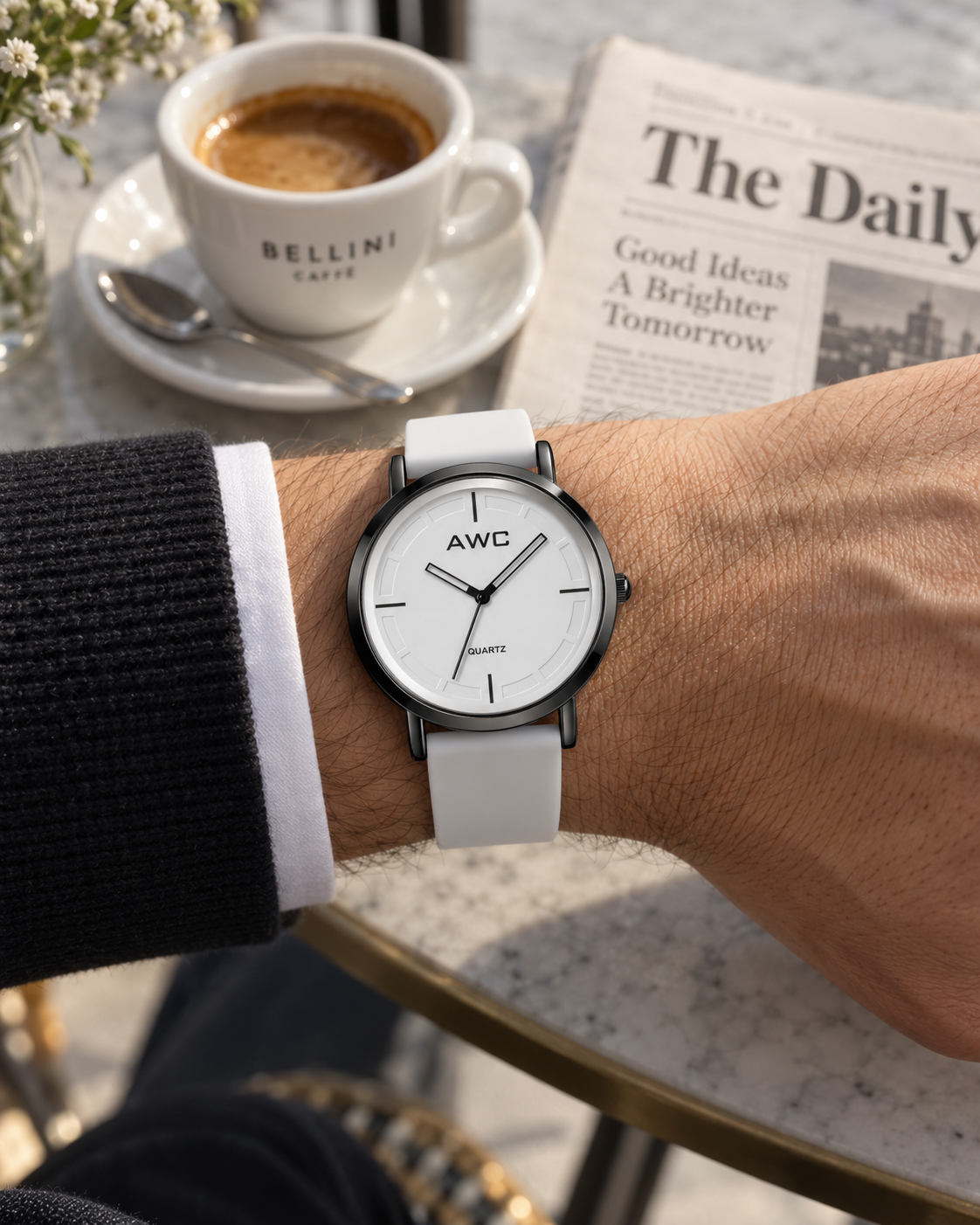 AWC Minimalist Quartz white dial watch worn at a cafe table with espresso