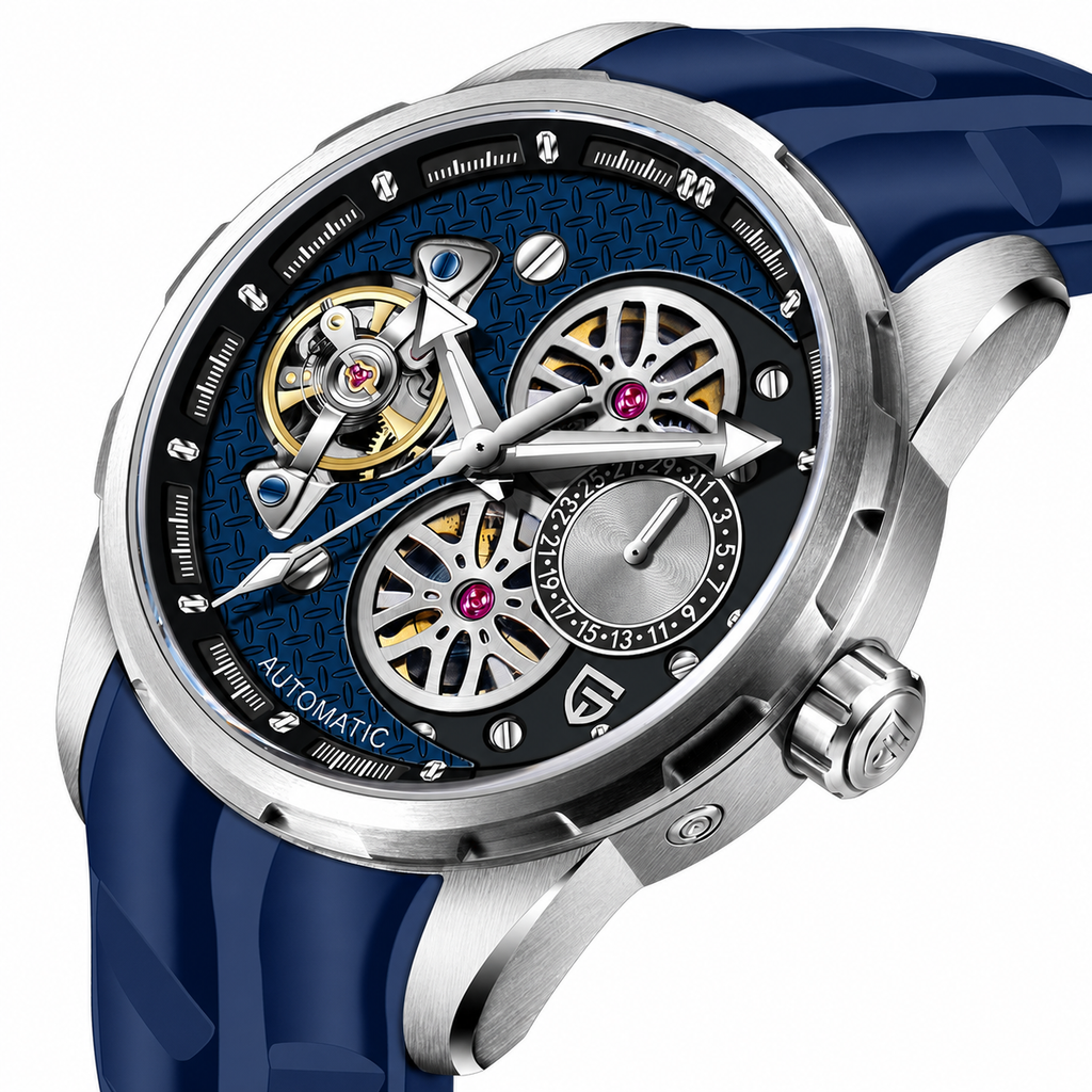 PAGANI DESIGN PD-YS022 Blue skeleton automatic watch with navy rubber strap, logo-free angled product view