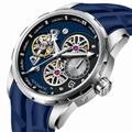 PAGANI DESIGN PD-YS022 Blue skeleton automatic watch with navy rubber strap, logo-free angled product view