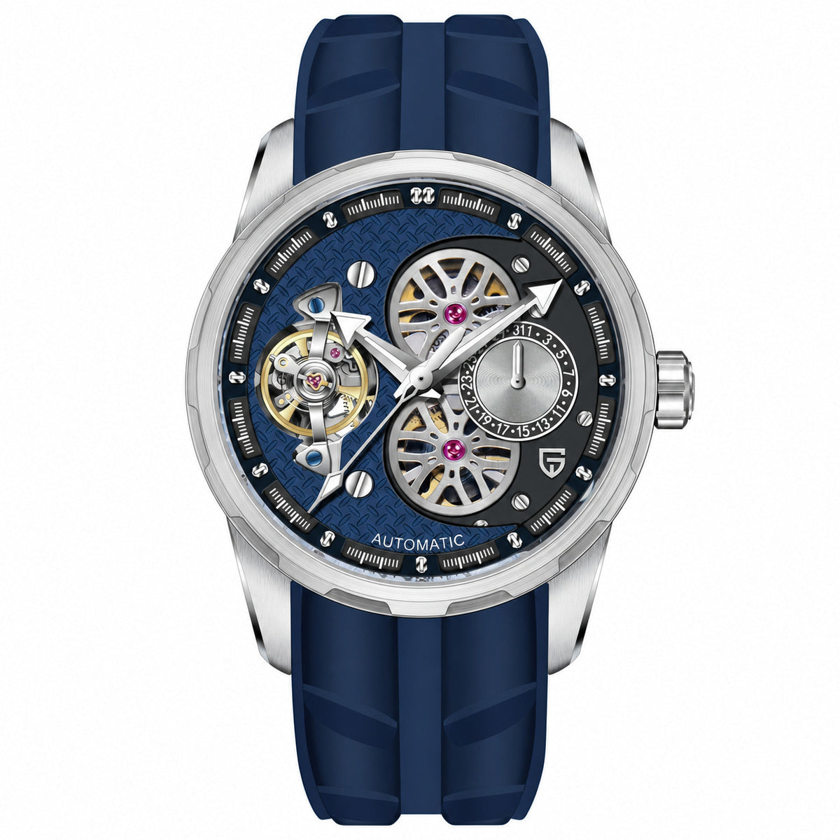 PAGANI DESIGN PD-YS022 Blue skeleton automatic watch with navy rubber strap, logo-free front product view