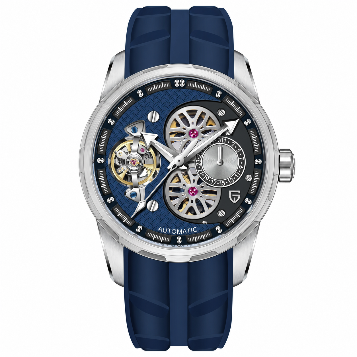 PAGANI DESIGN PD-YS022 Blue skeleton automatic watch with navy rubber strap, logo-free front product view