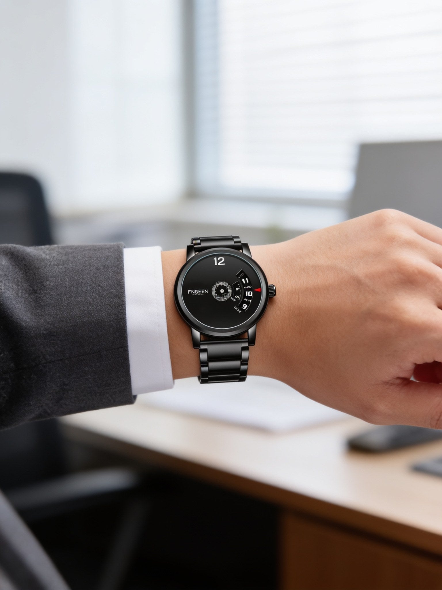 FNGEEN S230 turntable watch, black case and black steel bracelet, worn on wrist in a business setting