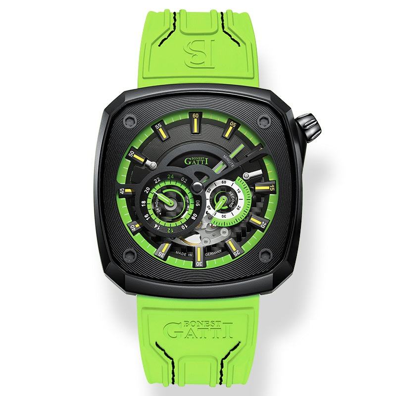 Bonest Gatti BG6601-A5 skeleton automatic watch, black case with lime green dial ring and green silicone strap