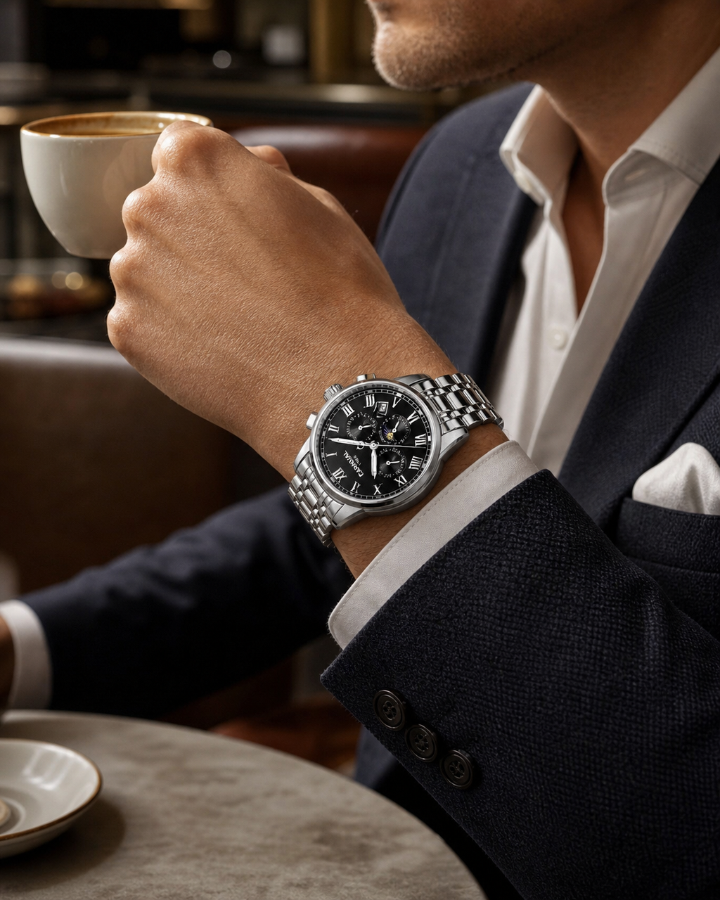 Carnival moonphase automatic watch with black dial and stainless steel bracelet worn while holding a coffee cup