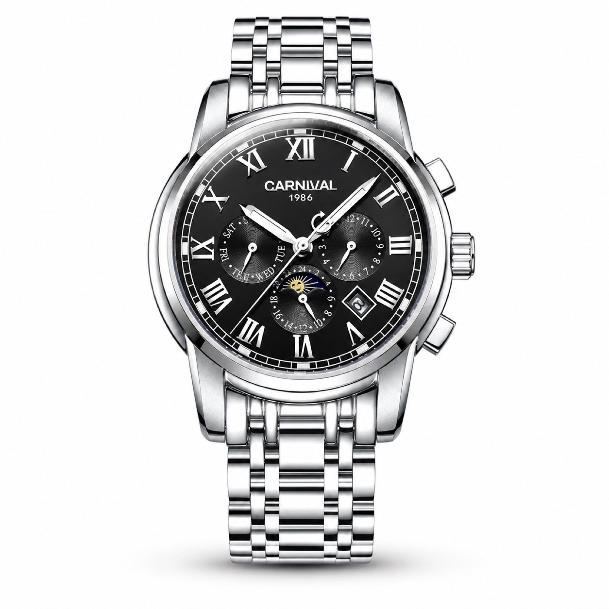 Carnival moonphase automatic watch with black dial and stainless steel bracelet on white background