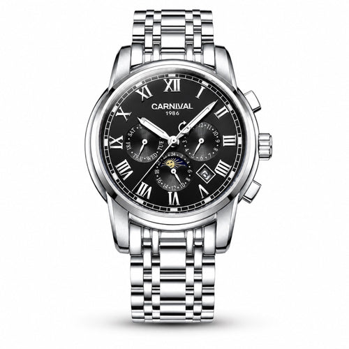 Carnival moonphase automatic watch with black dial and stainless steel bracelet on white background
