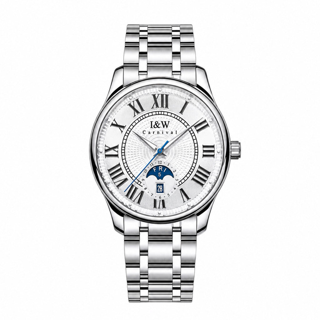Carnival white Roman numeral moonphase automatic watch with centered stainless steel bracelet