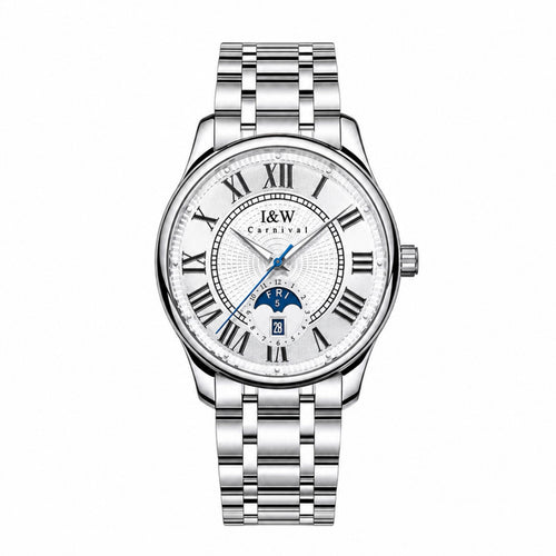 Carnival white Roman numeral moonphase automatic watch with centered stainless steel bracelet