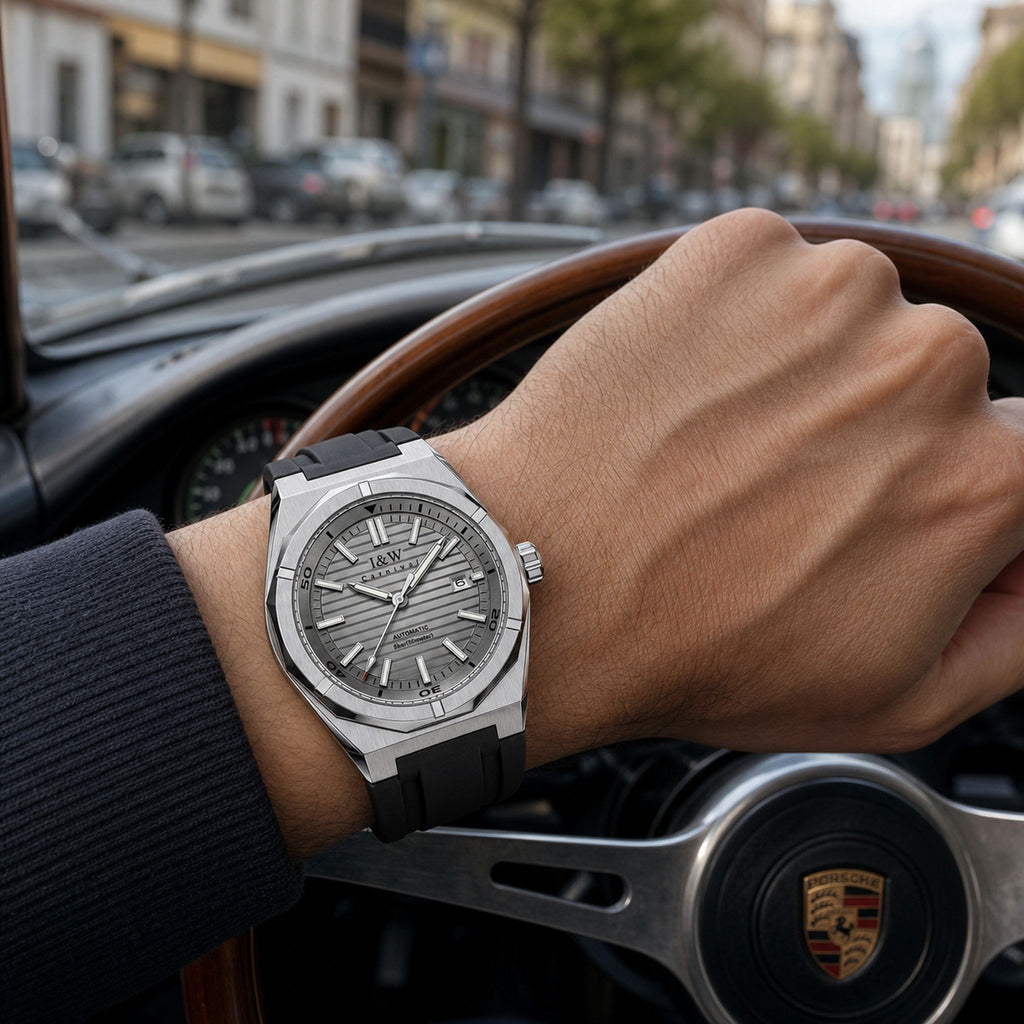 Carnival IW711G gray automatic watch worn in a classic car