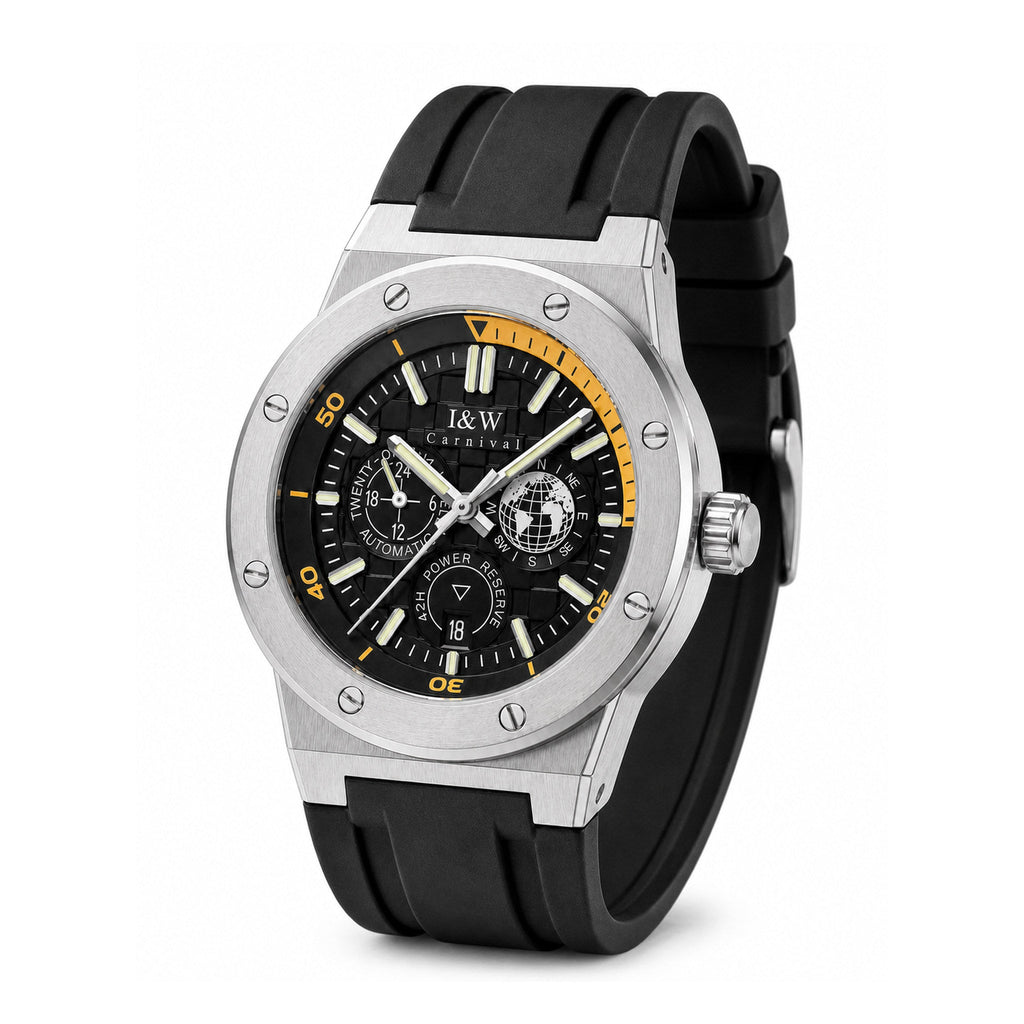 I&W Carnival IW783G black and gold multifunction automatic watch with wrapped black silicone strap on pure white