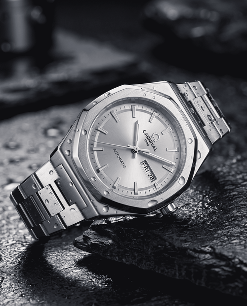 Carnival Octagon gray-dial automatic watch worn on wrist