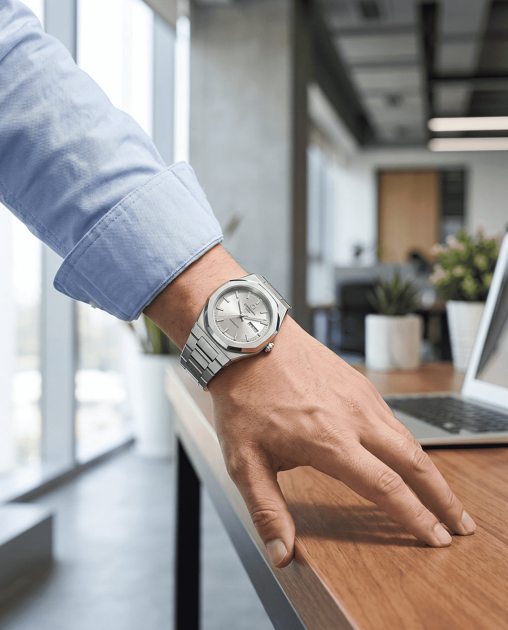 Carnival Octagon gray-dial automatic watch in a lifestyle scene