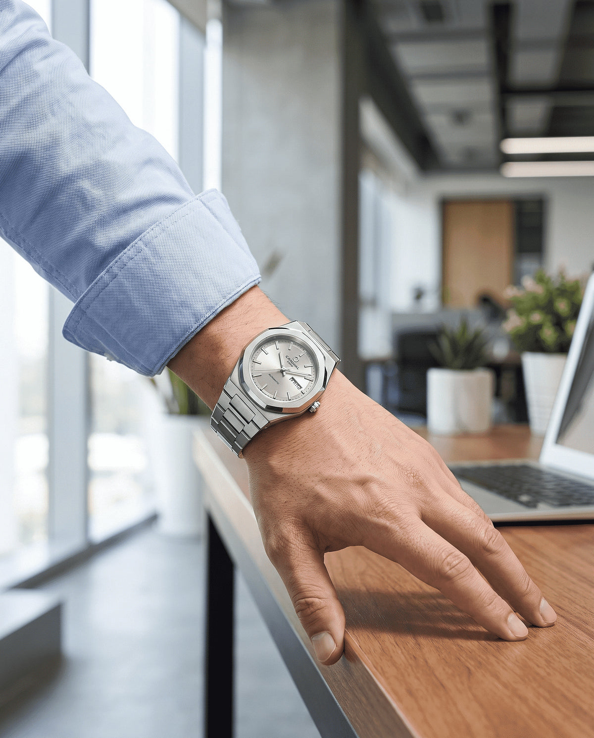 Carnival Octagon gray-dial automatic watch in a lifestyle scene