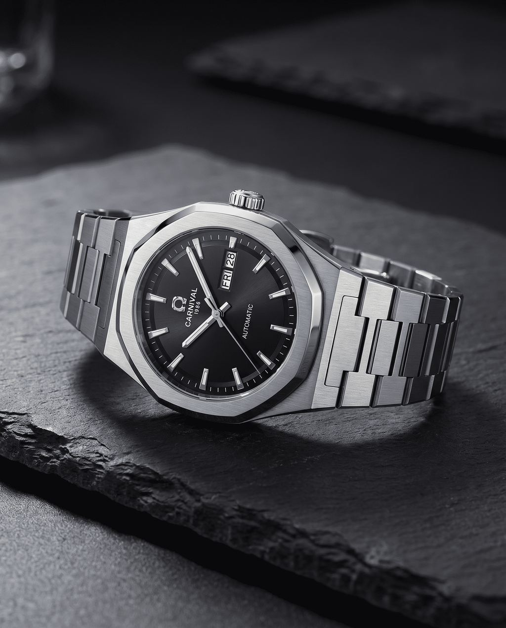 Carnival Octagon Automatic — black dial, side profile on slate