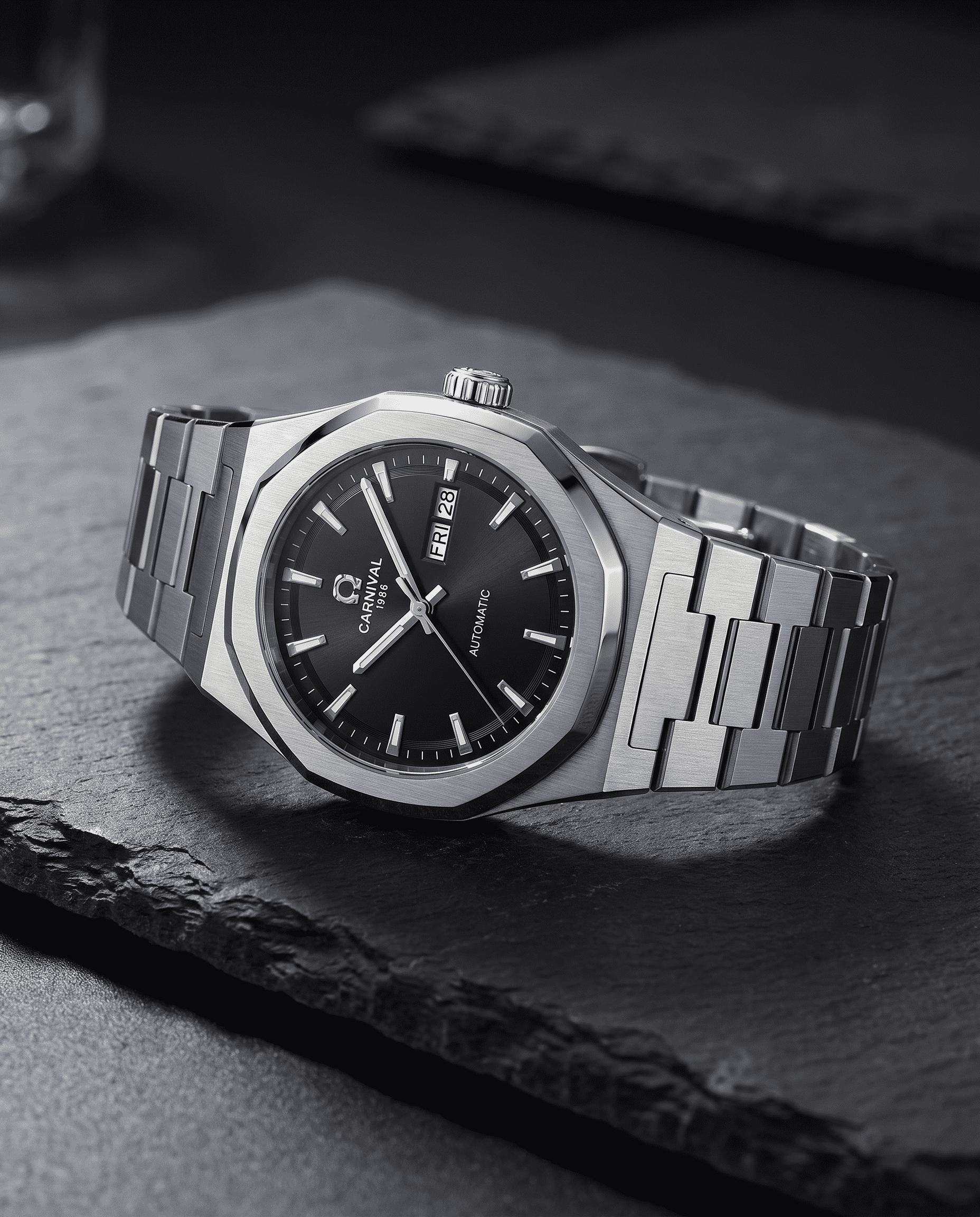 Carnival Octagon Automatic — black dial, side profile on slate