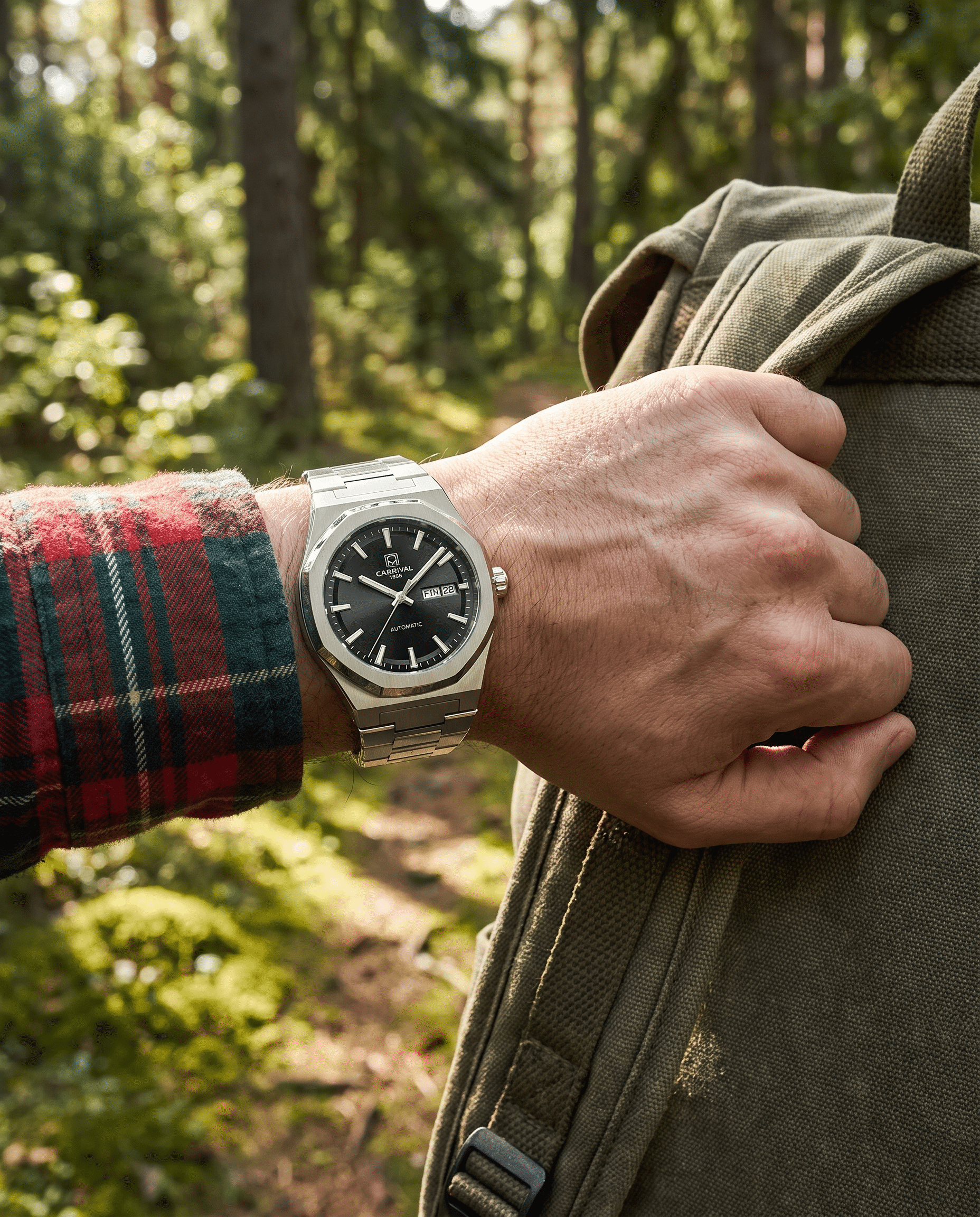 Carnival Octagon Automatic — black dial, trail hike lifestyle