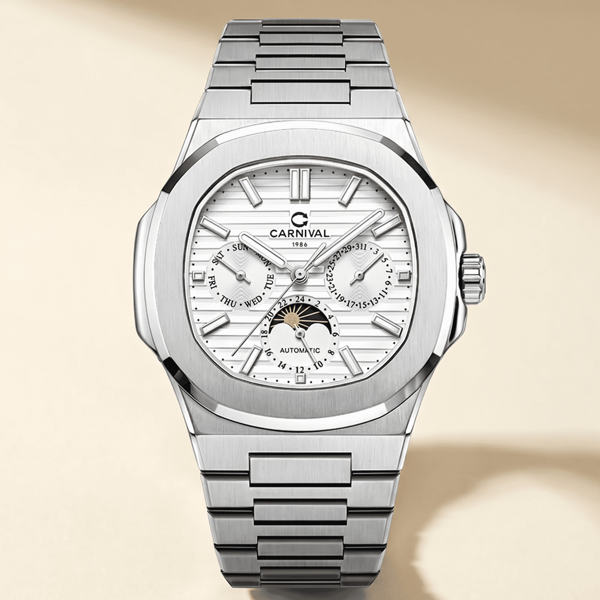 Carnival Moonphase Automatic — snowflake white dial, hero shot on ivory