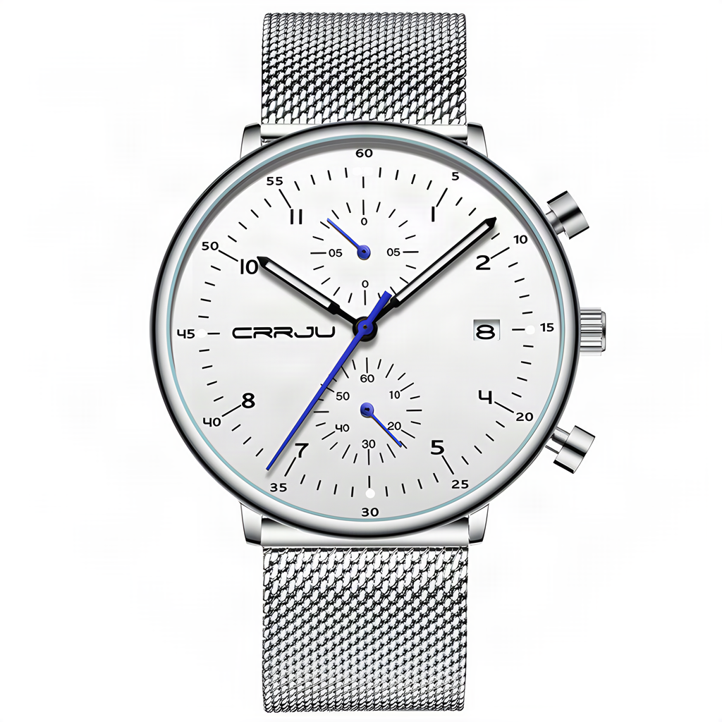 CRRJU 40mm quartz watch with white dial and silver steel mesh bracelet