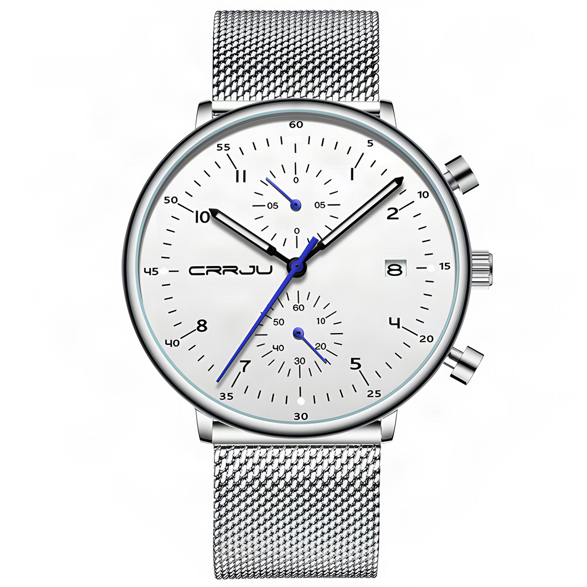 CRRJU 40mm quartz watch with white dial and silver steel mesh bracelet