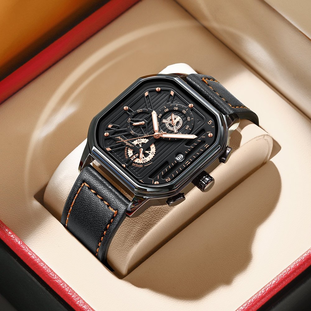 POEDAGAR 628 square quartz chronograph, black dial, black leather strap