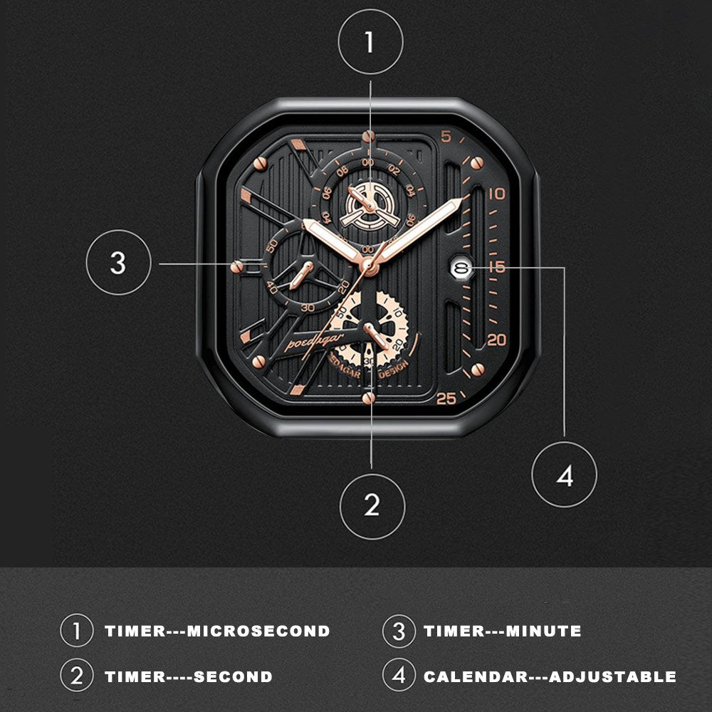 POEDAGAR 628 square quartz chronograph worn on the wrist