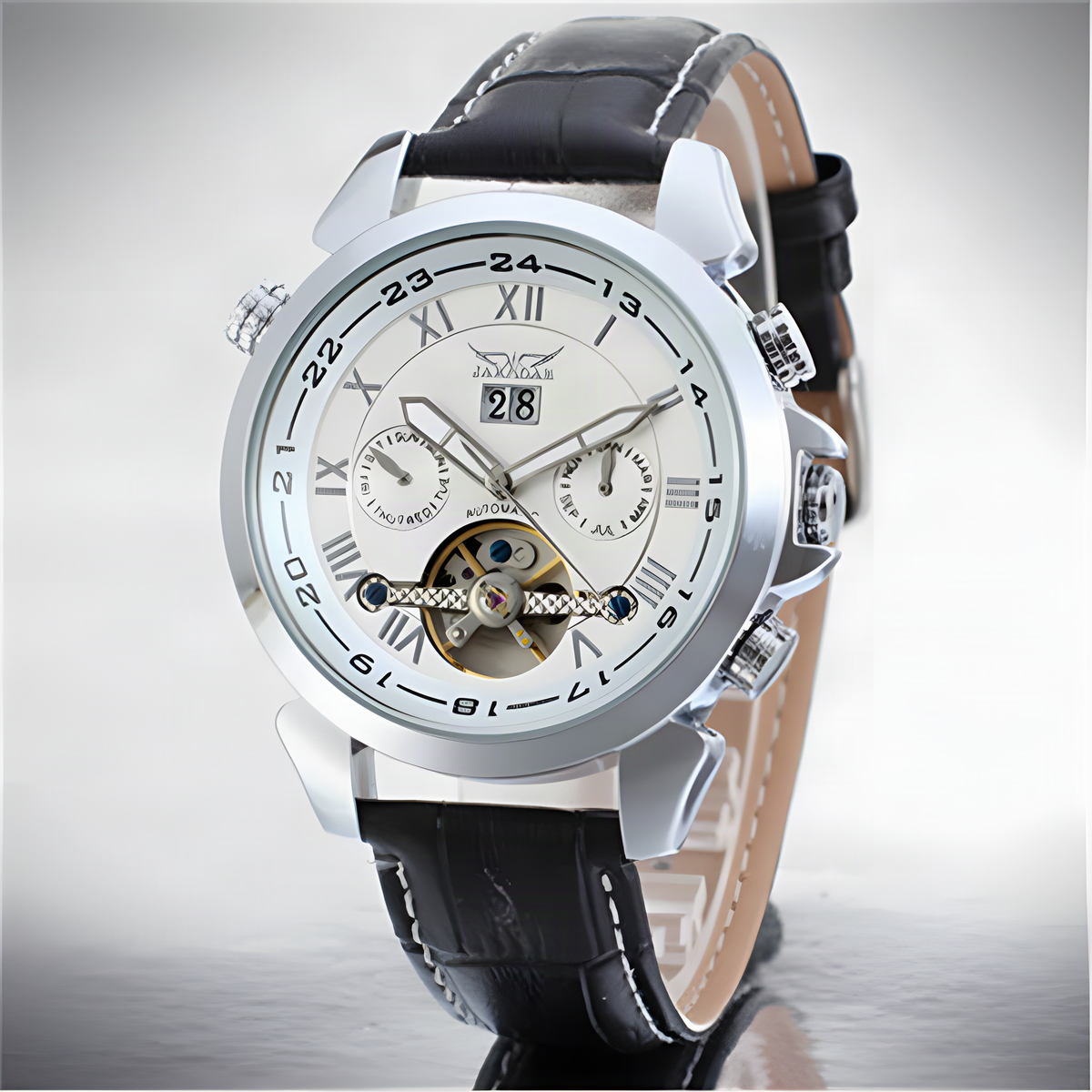 JARAGAR automatic open-heart watch, white dial and silver case