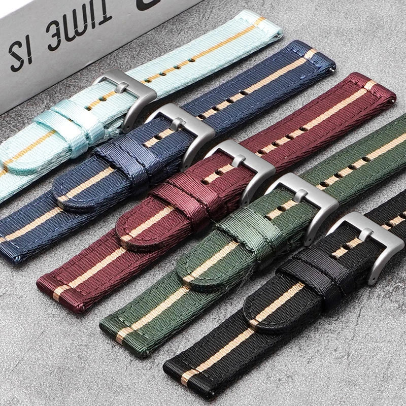 Striped nylon straps laid flat, colour range