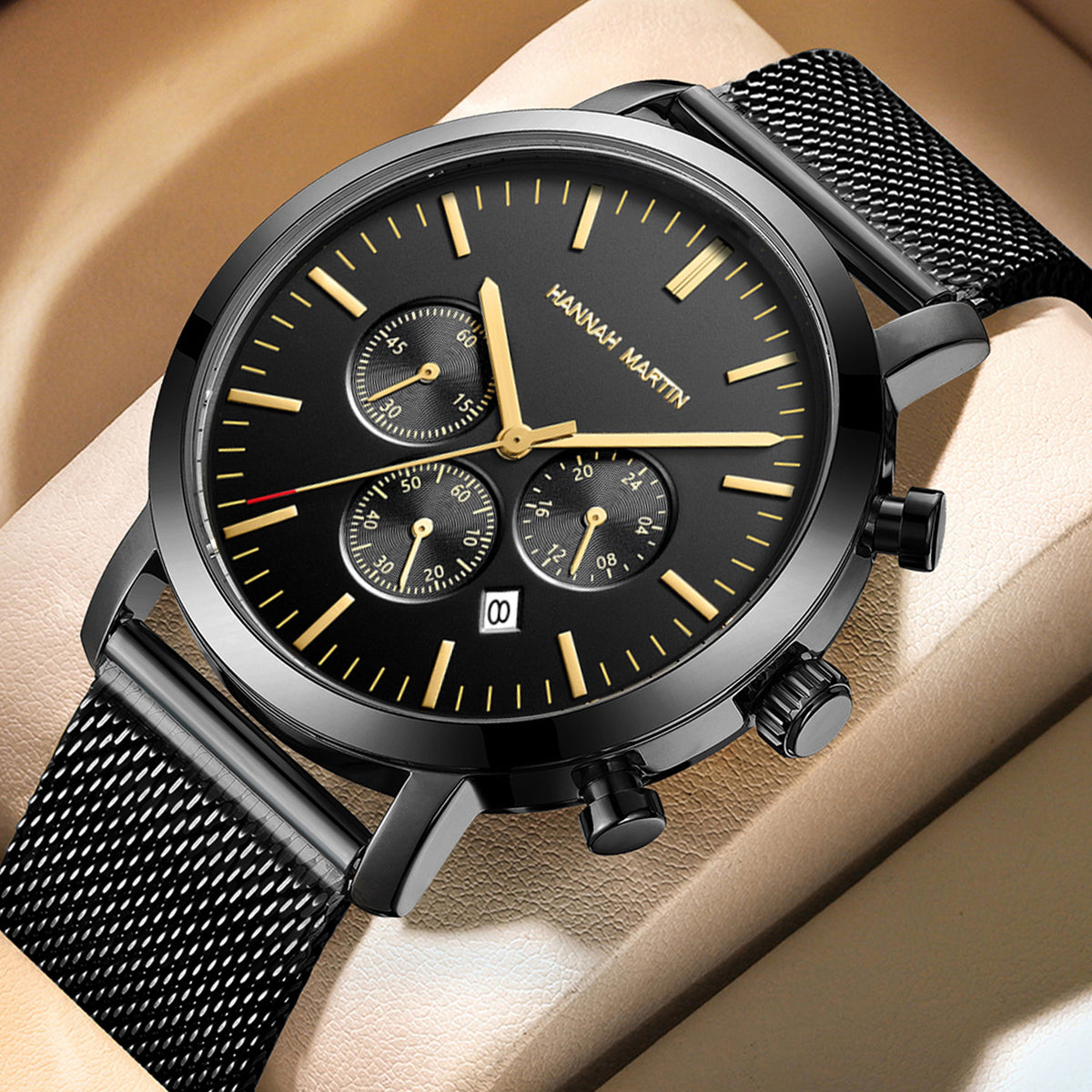 HANNAH MARTIN Three-Subdial Mesh 45mm, black dial with gold markers and black case on black steel mesh
