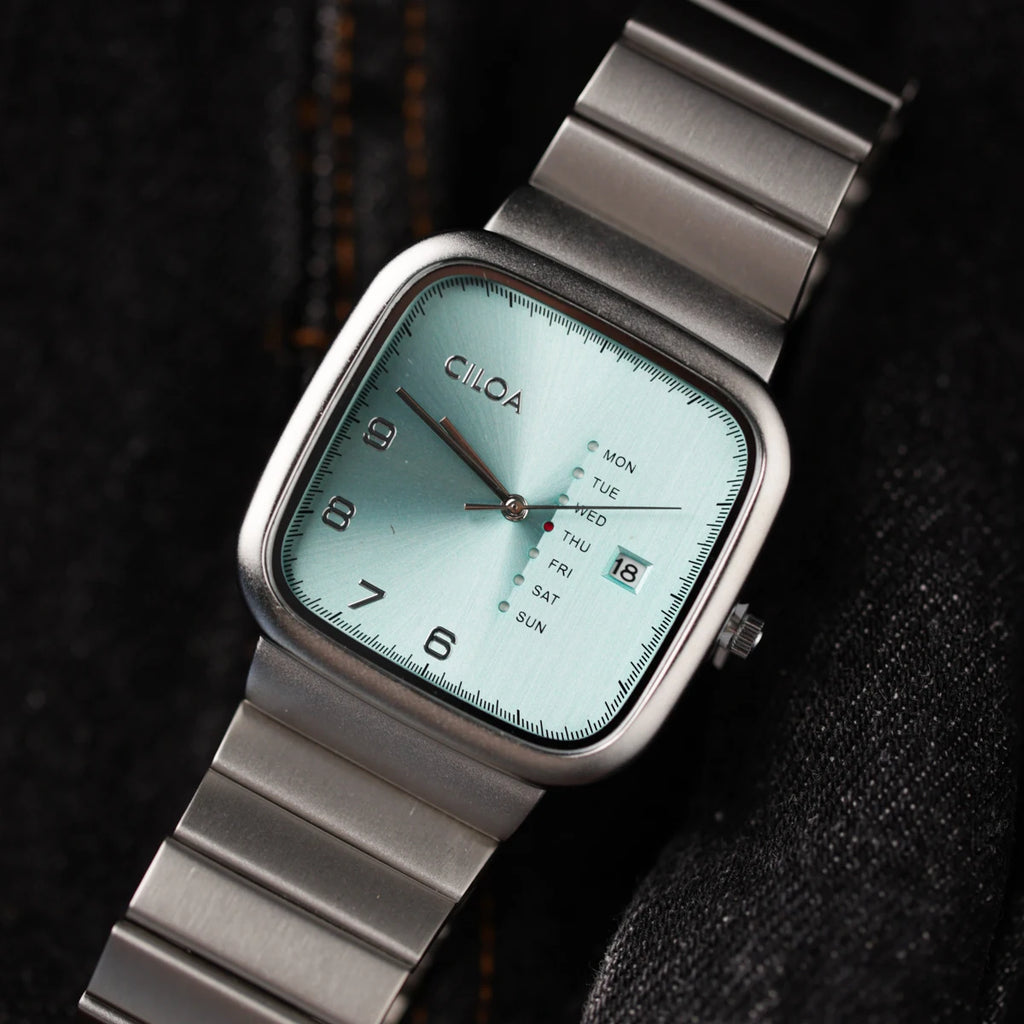 CILOA Square Silver Luxury Quartz Watch, Blue