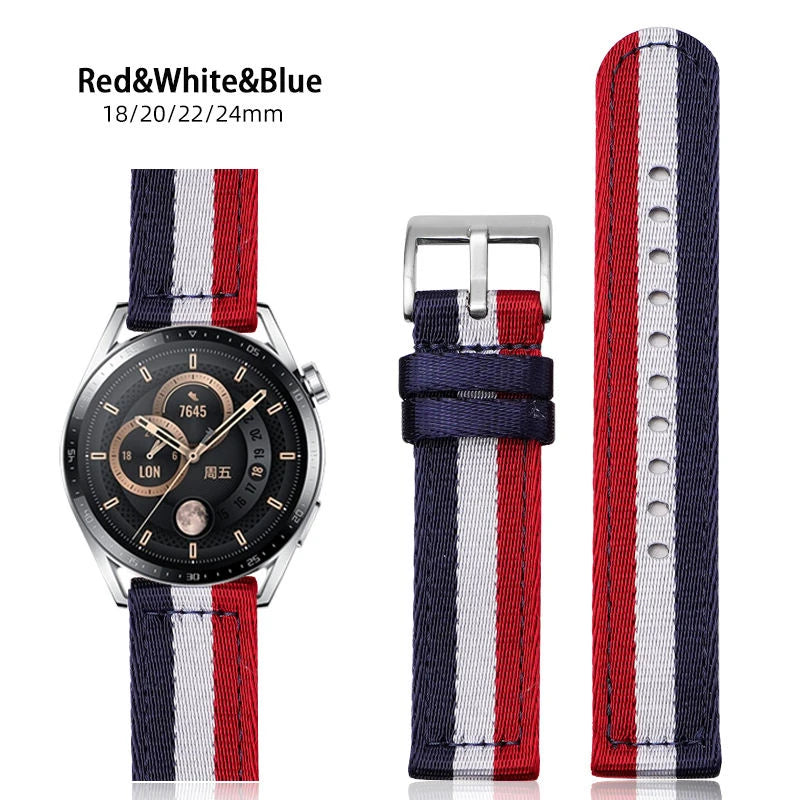 Red, white and blue striped nylon strap fitted to a watch