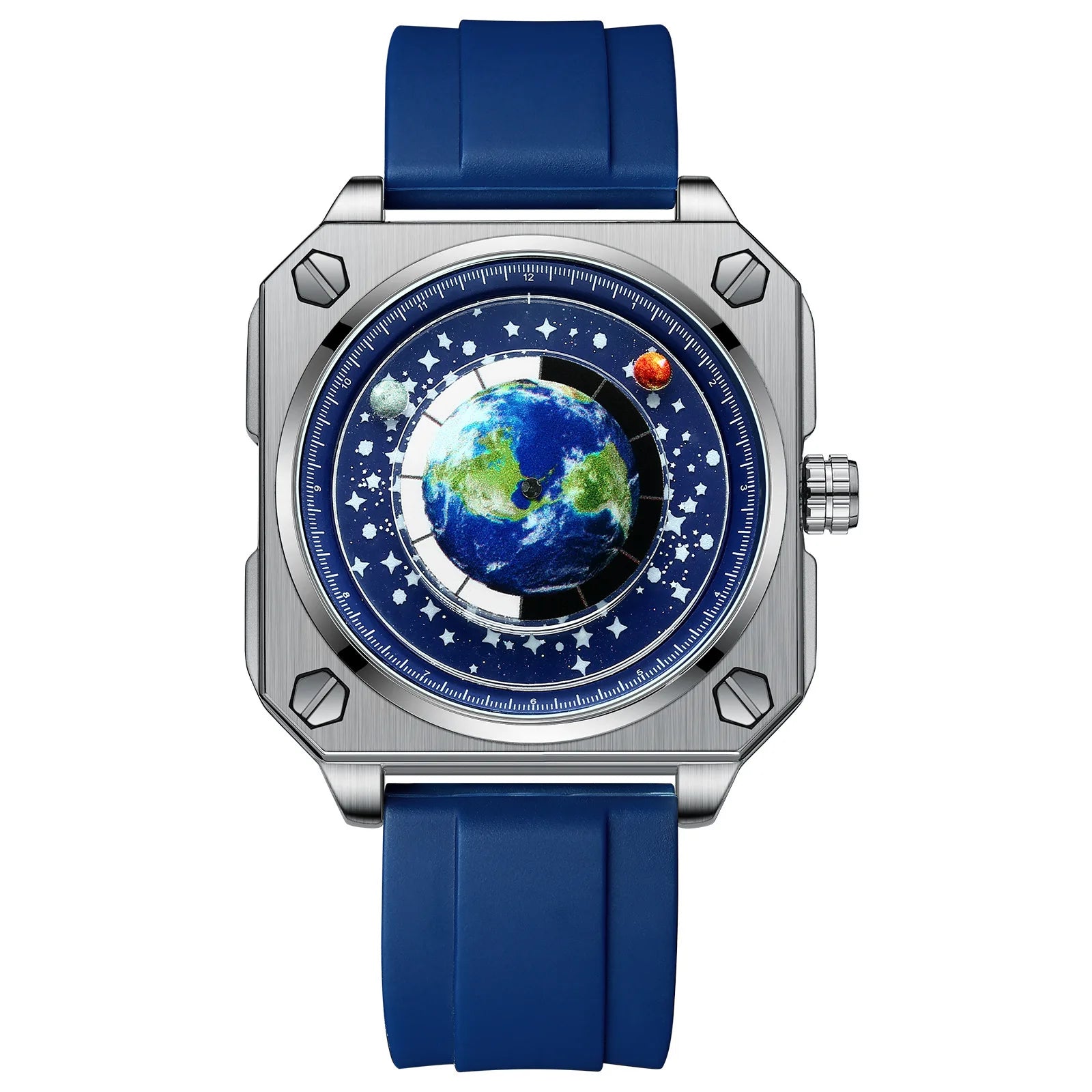 BINBOND earth rotating square quartz watch, silver case on blue rubber