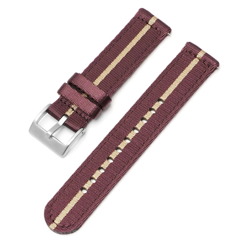 Dark red and beige striped nylon quick-release watch strap, 20mm