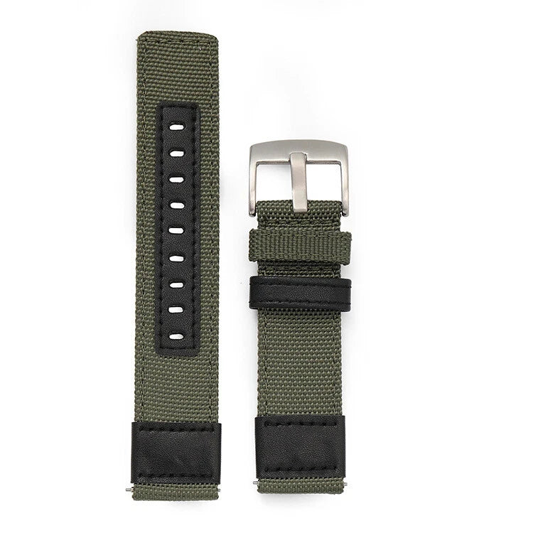 UPro sailcloth quick-release watch strap, black leather centre - Army Green, silver buckle