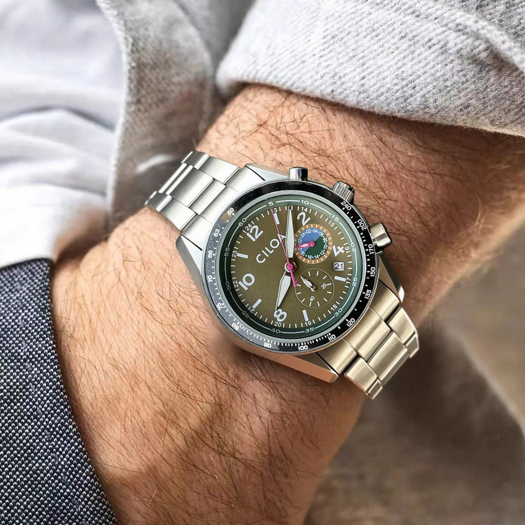 CILOA Red Casual Quartz Watch, Silvery Green