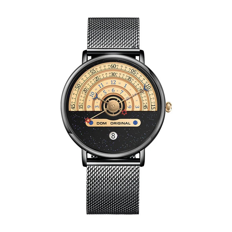 DOM M-1288 black case and mesh bracelet with gold half-dial
