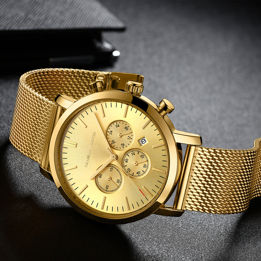 HANNAH MARTIN Three-Subdial Mesh 45mm, gold dial and gold case on gold steel mesh, angled studio view