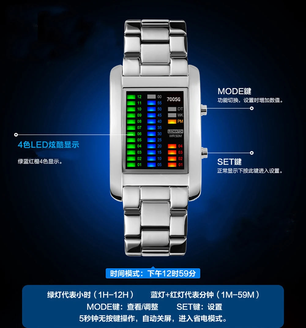 AWC Binary Matrix LED Digital Watch - Silver - button function diagram