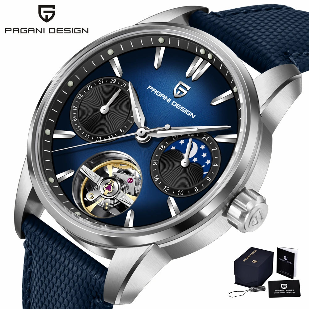 Pagani Design PD-YS021 silver blue moon phase automatic watch, front view
