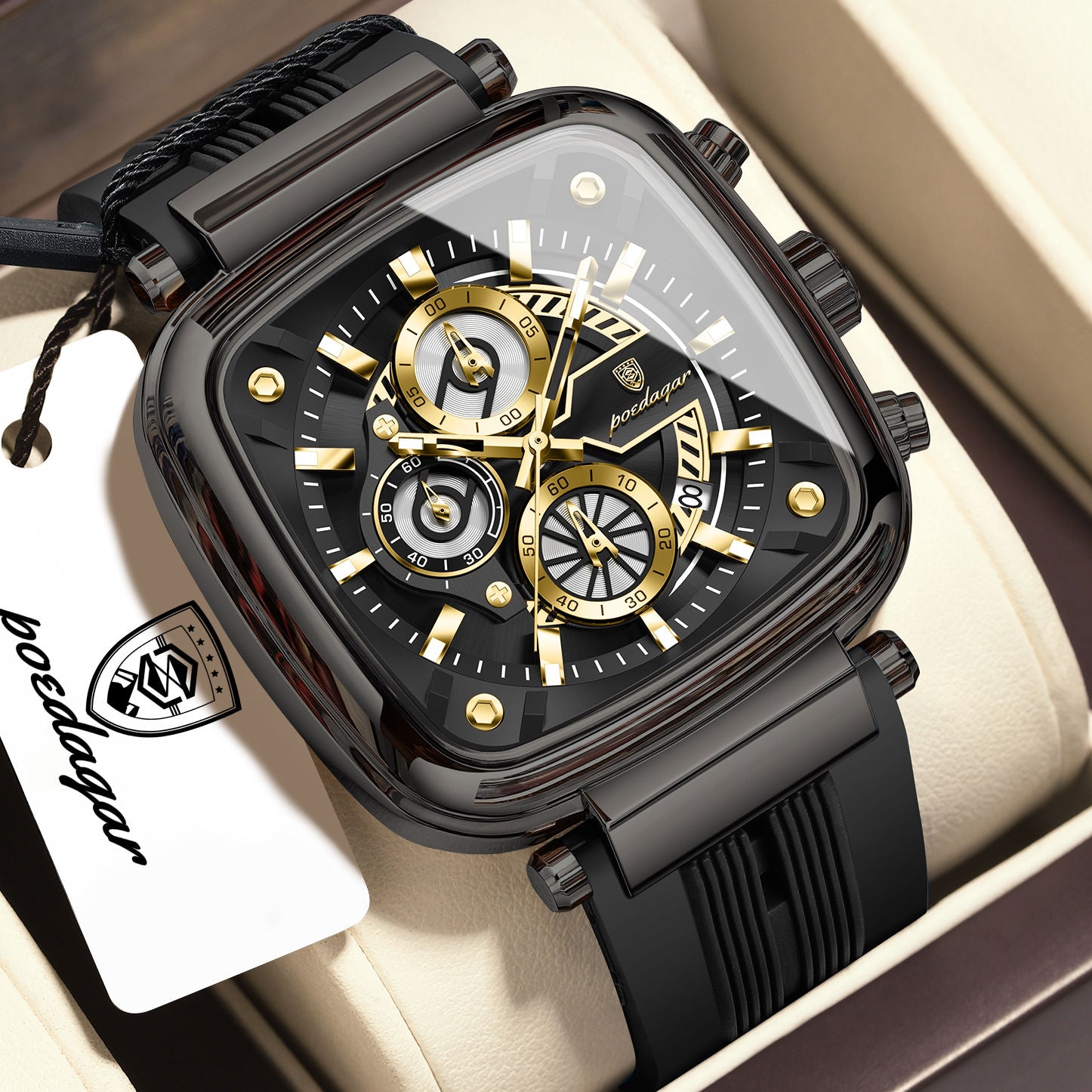 POEDAGAR 849 Black square chronograph