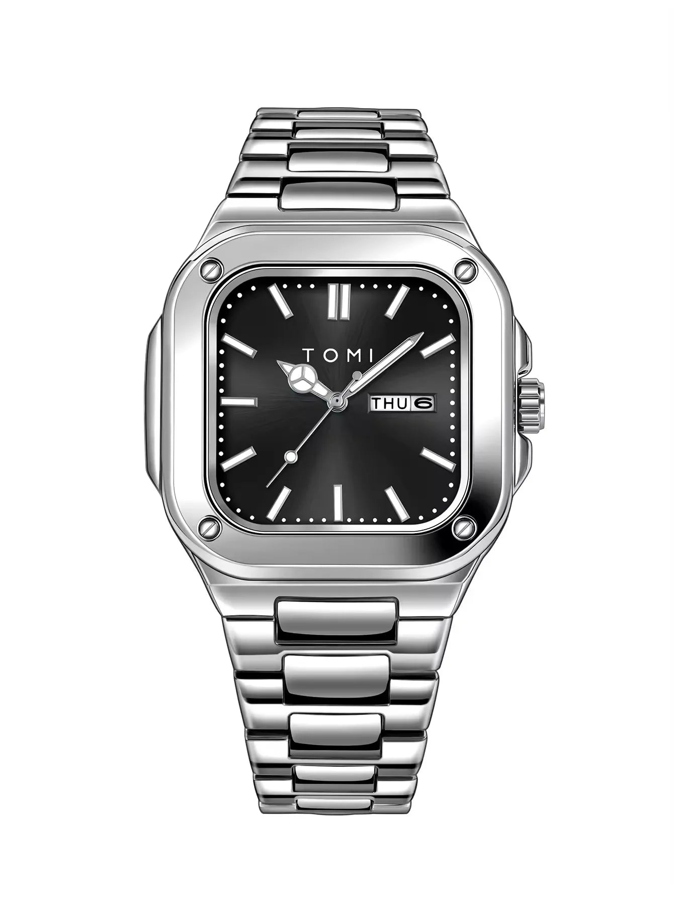 TOMI T306 silver square steel quartz watch with black dial