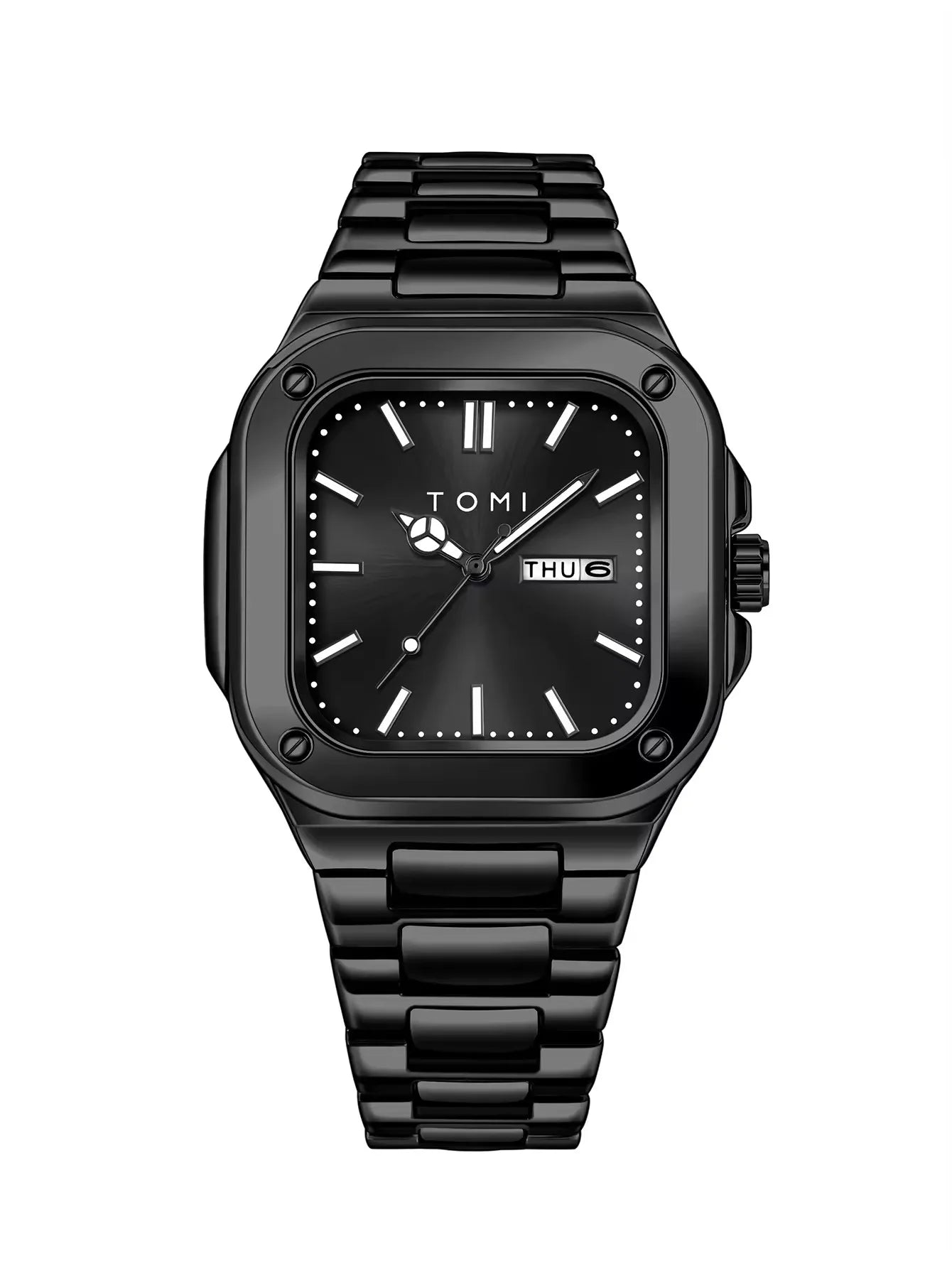 TOMI T306 black square steel quartz watch with black dial and bracelet