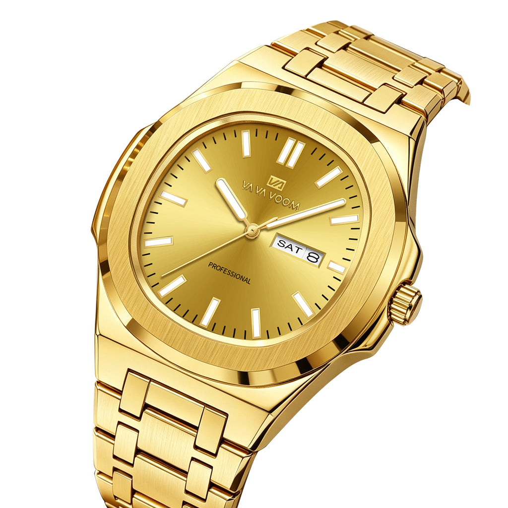 VA VA VOOM Octagonal Day-Date watch in all gold, three-quarter view on white