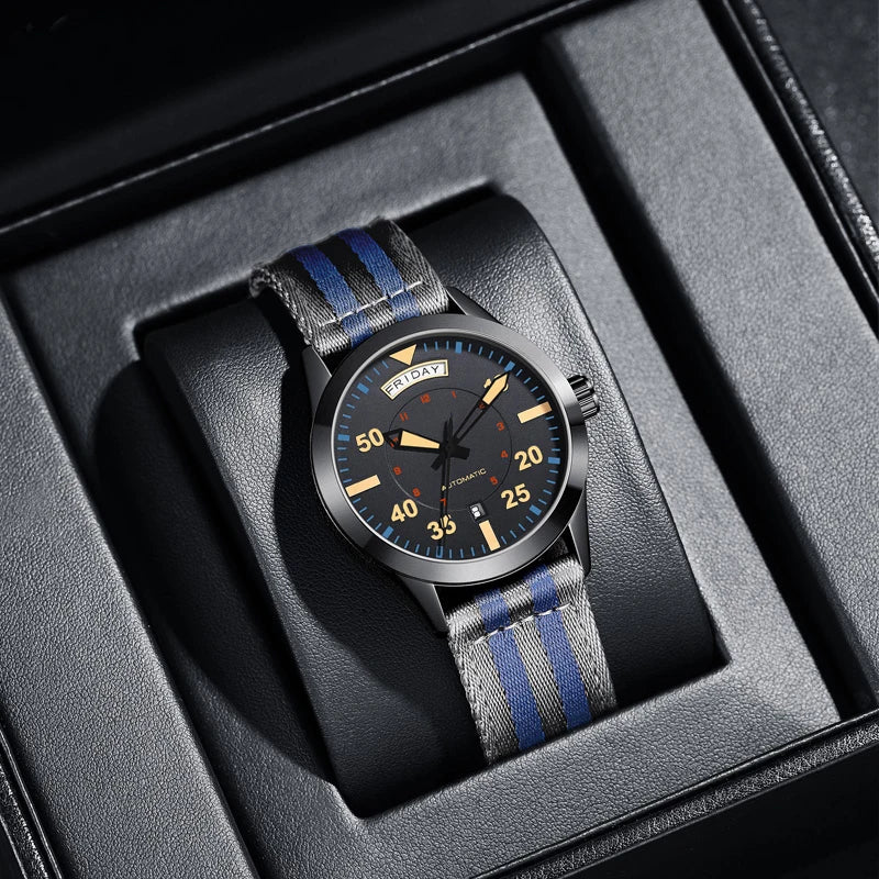 OCHSTIN 62028 black dial automatic field watch with blue-gray striped nylon strap in presentation box