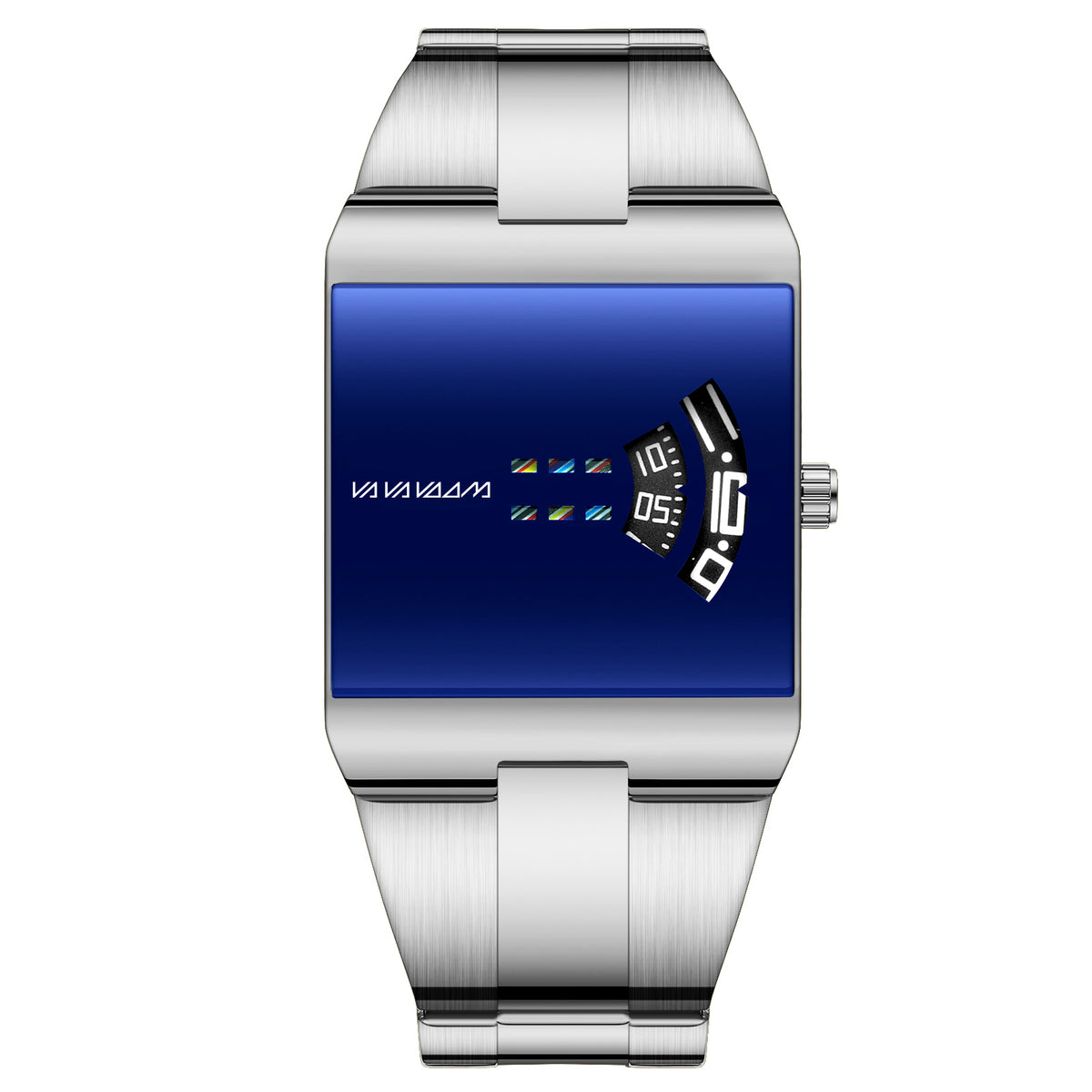 VA VA VOOM 2693 Rectangle watch, silver case with blue dial, front view on white