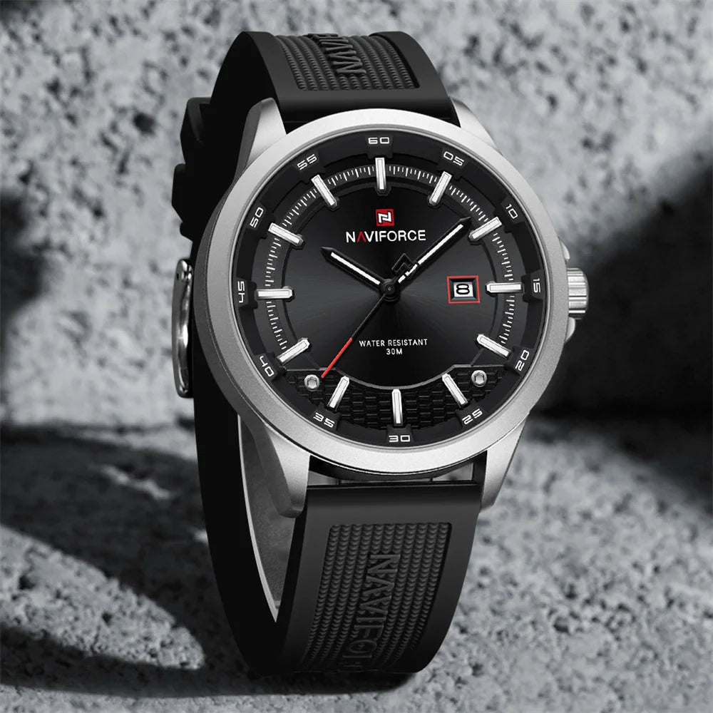 NAVIFORCE 9248 sport calendar quartz watch on stone, silver case on silicone