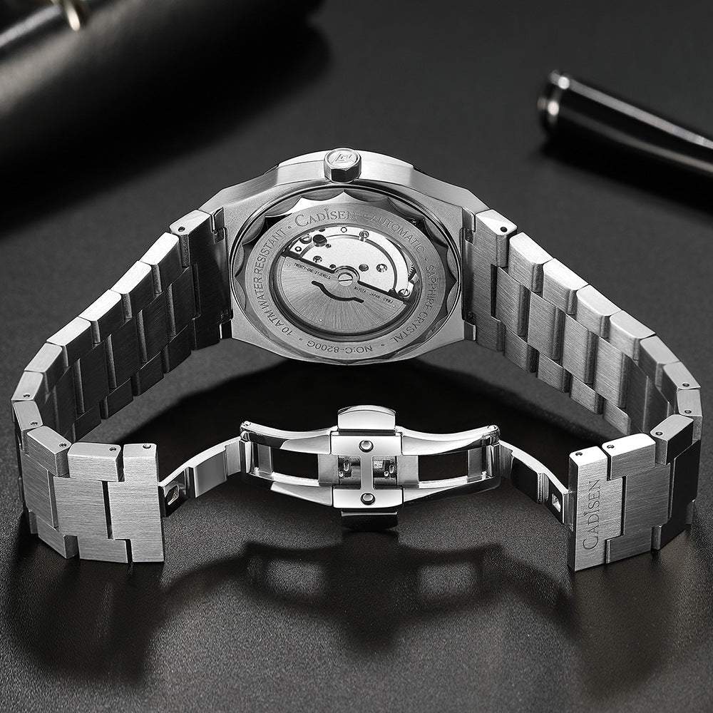 CADISEN sapphire integrated-bracelet automatic dial detail