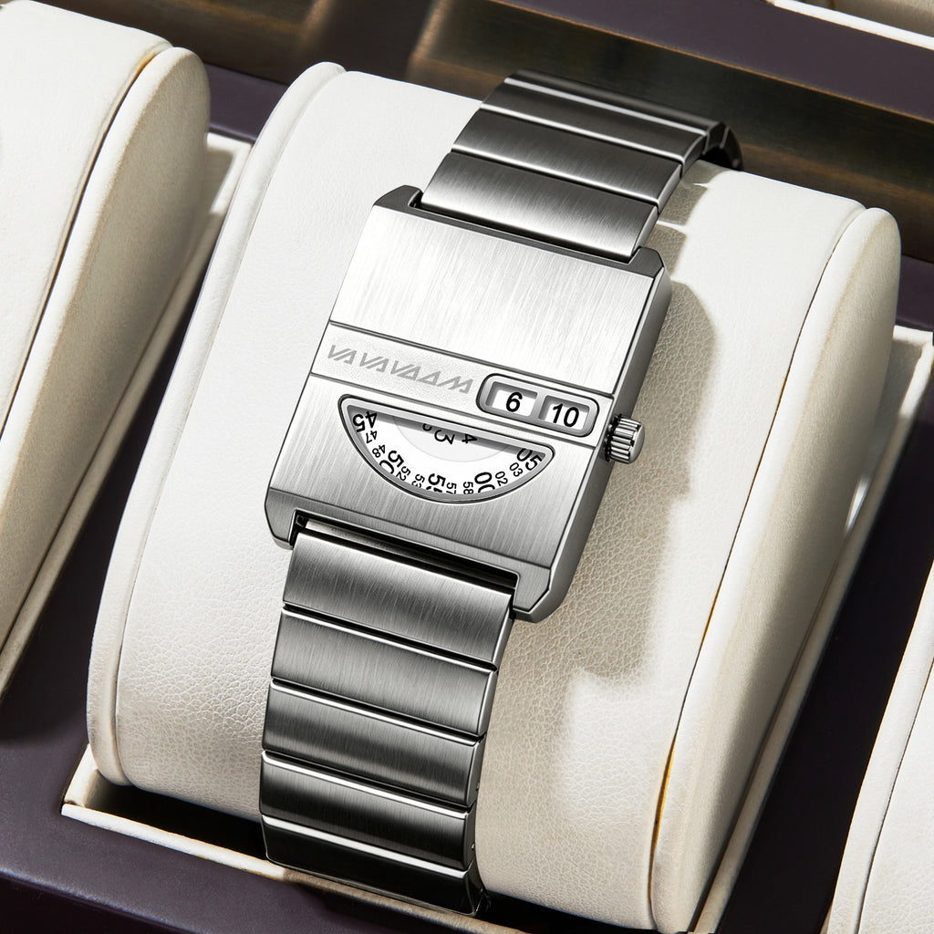 VA VA VOOM No-Hands Square watch in silver in its presentation box