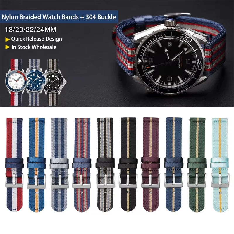 Braided nylon straps with 304 steel buckle, shown on watches