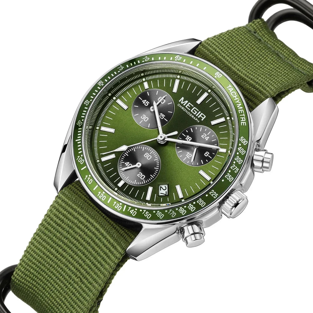 MEGIR 2247 green dial quartz chronograph with green canvas strap on white background